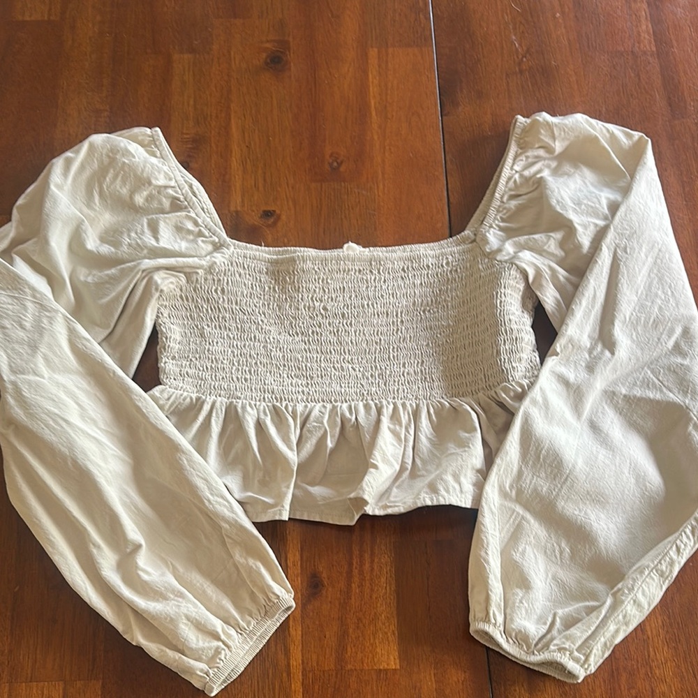 La Hearts Cream Puff Sleeve Smocked Blouse